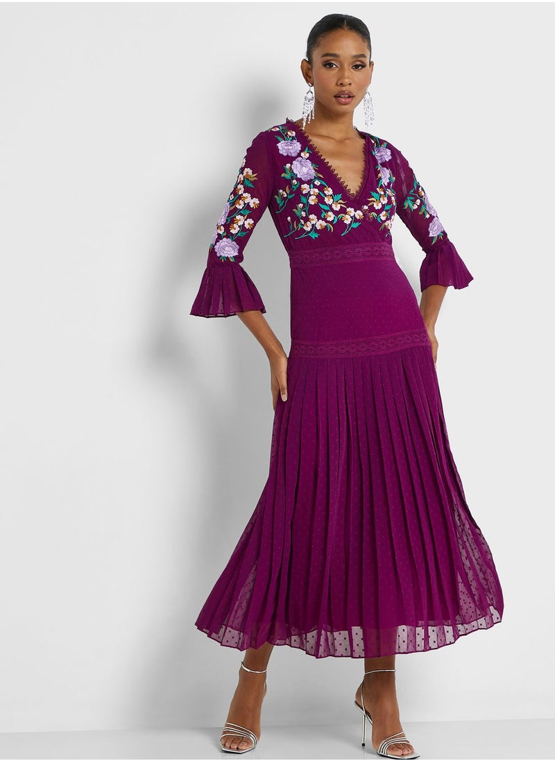 Frock and Frill Floral Embroidered Wrap Detail Dress  - Image 4