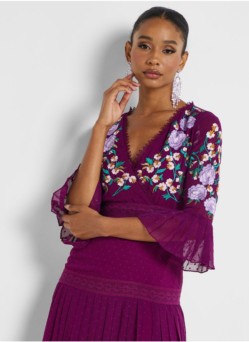 Frock and Frill Floral Embroidered Wrap Detail Dress  - Image 3