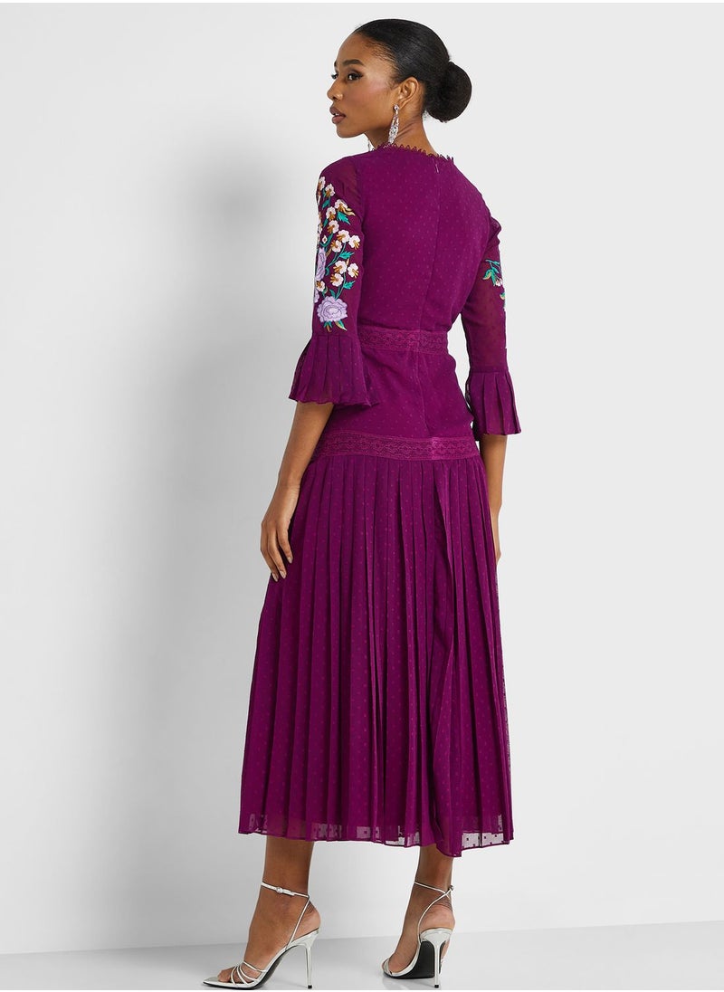 Frock and Frill Floral Embroidered Wrap Detail Dress  - Image 2