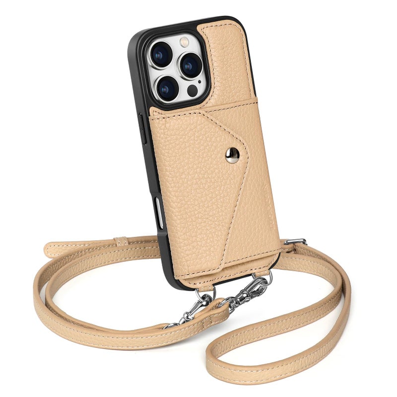 LUCKYCOIN Crossbody Phone Case for iPhone 16 Pro100 Genuine Leather Phone Wallet Case for Women Premium HandsFree Phone Purse with Expandable Flip Card Holder Adjustable Strap Pebble Beige - Image 2