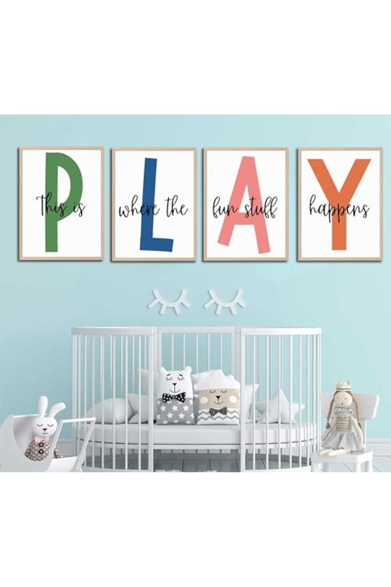 NBYARTQ 4Pcs Kids Playroom Wall Art Childrens Playroom Canvas Posters Prints Boy Kids Room Let's Play Wall Decor Pictures Toddler Nursery Bedroom Artwork Decoration Unframed - Image 4