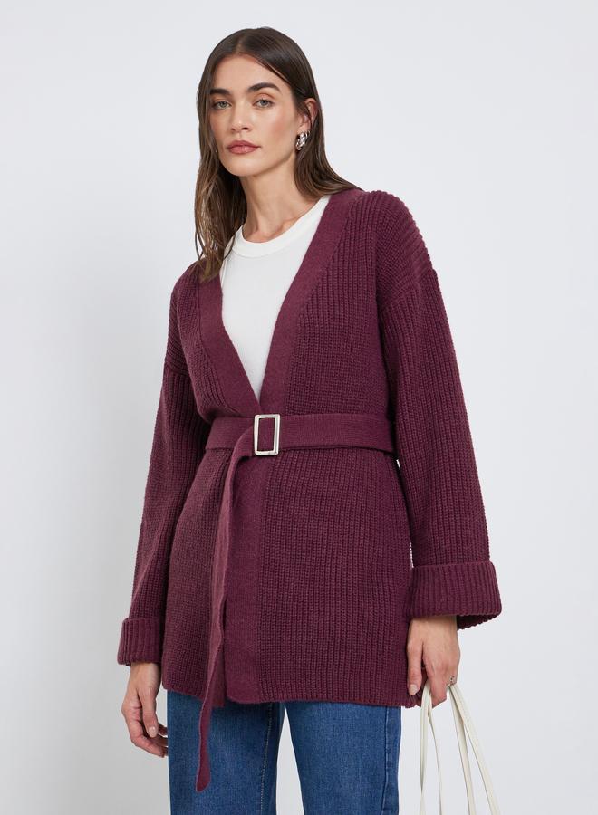 Styli Burgundy Belted Knitted Cardigan - Image 1