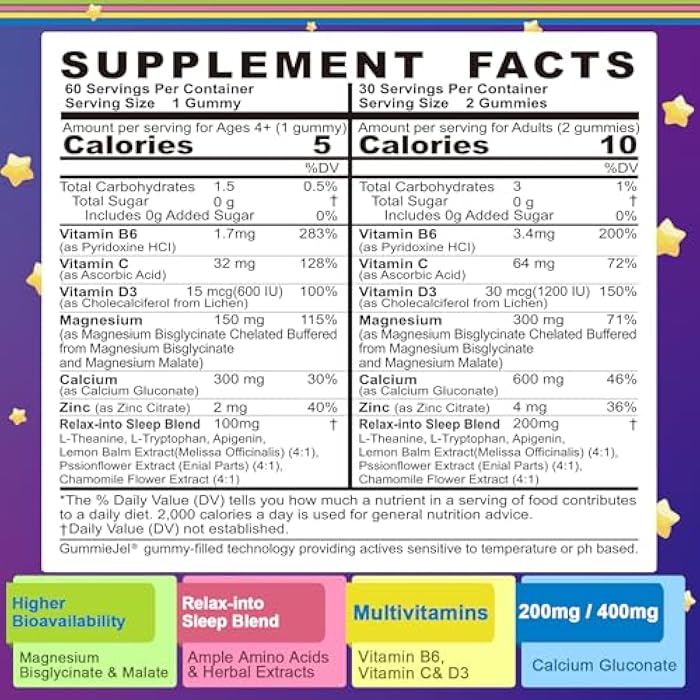 NEVISS ج gummies مغنيسيوم جليسينات + كالسيوم للبالغين والأطفال 4+، ج gummies نوم الأطفال خالية من الميلاتونين، مكمل مغنيسيوم خالي من السكر مع B6 D3، L-Theanine للاسترخاء والنوم، للدماغ والعظام والعضلات - Image 2