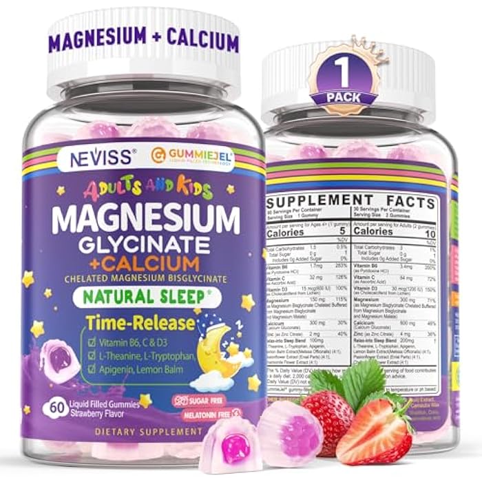 NEVISS ج gummies مغنيسيوم جليسينات + كالسيوم للبالغين والأطفال 4+، ج gummies نوم الأطفال خالية من الميلاتونين، مكمل مغنيسيوم خالي من السكر مع B6 D3، L-Theanine للاسترخاء والنوم، للدماغ والعظام والعضلات - Image 1
