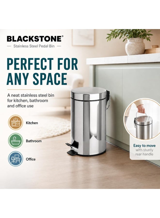 بلاك ستون BLACKSTONE سلة مهملات ستانلس ستيل 8 لتر بدواسة، غطاء إغلاق هادئ، دلو داخلي قابل للإزالة، سلة نفايات صغيرة للحمام وغرفة النوم والمكتب والمطبخ - Image 2