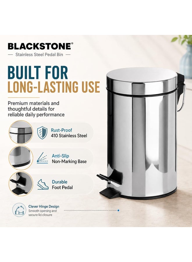 بلاك ستون BLACKSTONE سلة مهملات ستانلس ستيل 8 لتر بدواسة، غطاء إغلاق هادئ، دلو داخلي قابل للإزالة، سلة نفايات صغيرة للحمام وغرفة النوم والمكتب والمطبخ - Image 4