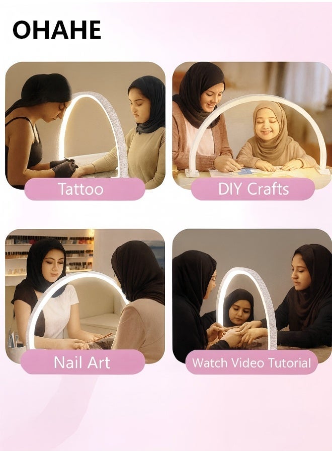 OHAHE Half Moon Light for Nail Desk: 55*33 Foldable Half Moon Desk Lamp Holder for Beginner - Arch Nail Tech Light with 3 Color Modes & 10 Brightness for Manicure Salon Multiple Color Modes and Brightness for Beauty Eyelash Makeup Tattoo Crafts Reading Spa Salon Tech (White, Large) - Image 3