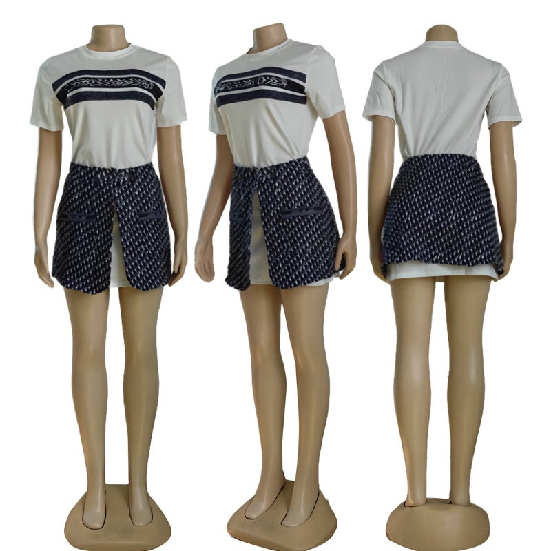 J5029 European and American Cross-Border Womens Clothing Fashionable Casual Printed T-Shirt Short-Sleeved + Short Skirt Two-Piece Set Number 2 # White d