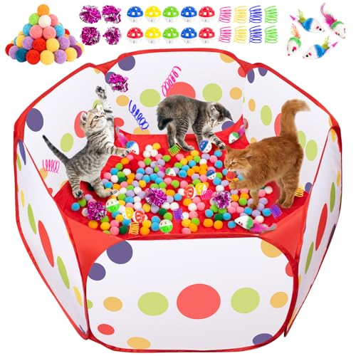 Veerlogix Cat Ball Pit with Balls for Cats, 176 Pcs Interactive Cat Toys for Bored Indoor Cats Self Play Cat Enrichment Toys for Fun and Exercise, Pom Pom Balls Jingle and Crinkle Ball, Springs and Mice toy - Image 1