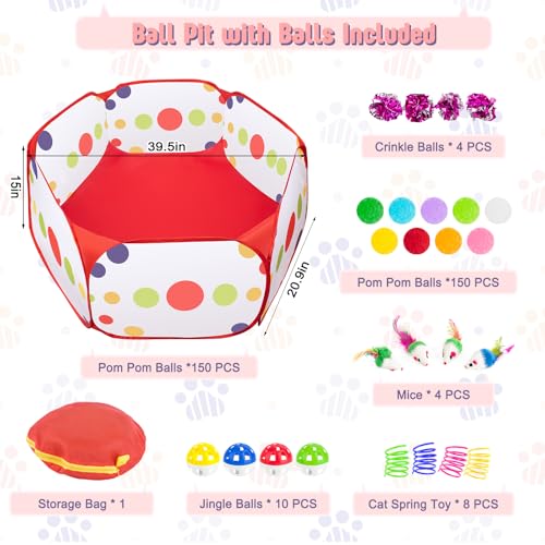 Veerlogix Cat Ball Pit with Balls for Cats, 176 Pcs Interactive Cat Toys for Bored Indoor Cats Self Play Cat Enrichment Toys for Fun and Exercise, Pom Pom Balls Jingle and Crinkle Ball, Springs and Mice toy - Image 2