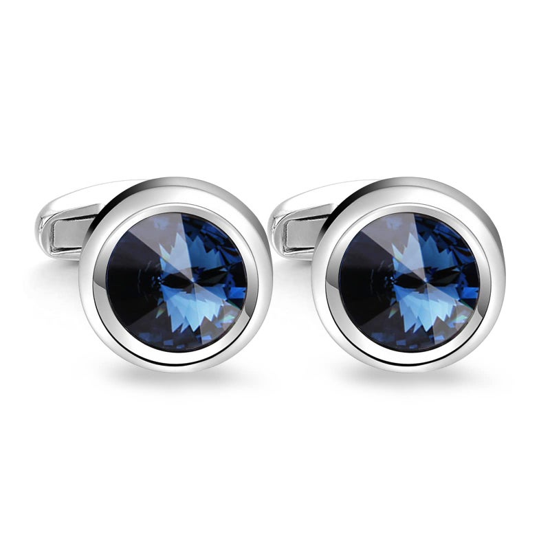 MERIT OCEAN Mens Cufflinks Elegant Style Cuff Link Super Shiny Navy Blue Crystal Circular Cufflinks with Gift Box - Image 1