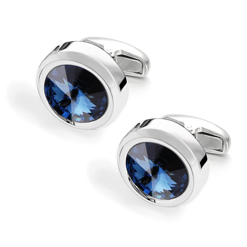 MERIT OCEAN Mens Cufflinks Elegant Style Cuff Link Super Shiny Navy Blue Crystal Circular Cufflinks with Gift Box - Image 4