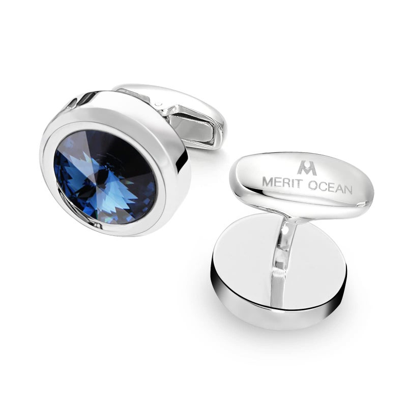 MERIT OCEAN Mens Cufflinks Elegant Style Cuff Link Super Shiny Navy Blue Crystal Circular Cufflinks with Gift Box - Image 3