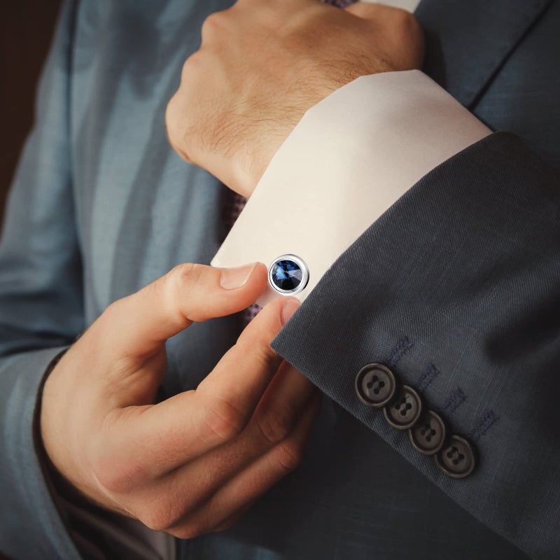 MERIT OCEAN Mens Cufflinks Elegant Style Cuff Link Super Shiny Navy Blue Crystal Circular Cufflinks with Gift Box - Image 2