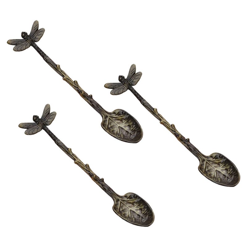 Antique Green Resin Dragonfly Coffee Spoons Set of 3 Forest Style Dessert Spoons - Image 2
