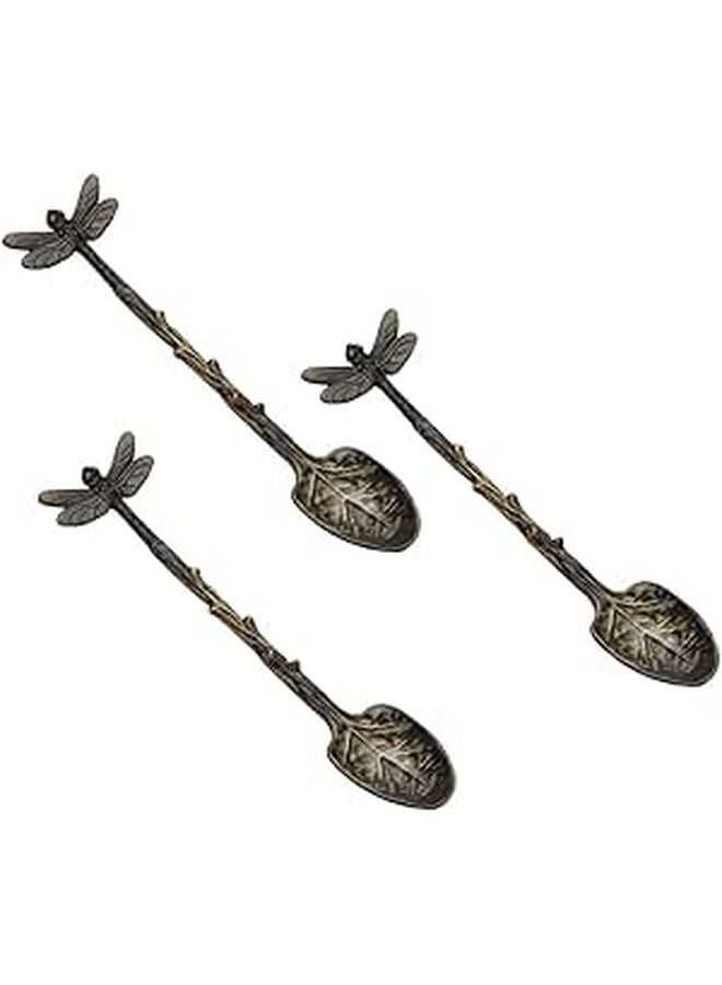Antique Green Resin Dragonfly Coffee Spoons Set of 3 Forest Style Dessert Spoons - Image 1