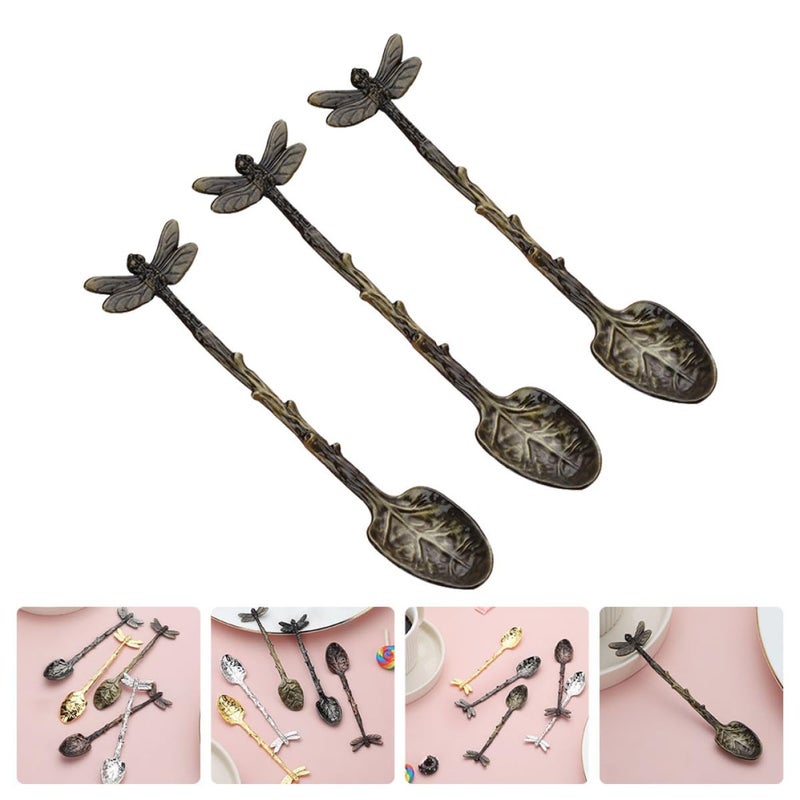 Antique Green Resin Dragonfly Coffee Spoons Set of 3 Forest Style Dessert Spoons - Image 4