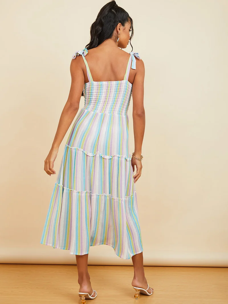 Styli Strappy Square Neck Striped A-Line Midi Dress