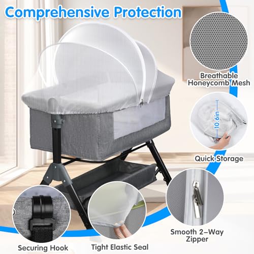 WANRU Bassinet Mosquito Net Cover - Half-Blackout Mosquito Net for Baby Crib & Bedside Sleeper, Breathable Crib net with 2-Way Zipper, Sun-Blocking Baby Mosquito Net Cover (Gray-Small) - Image 3