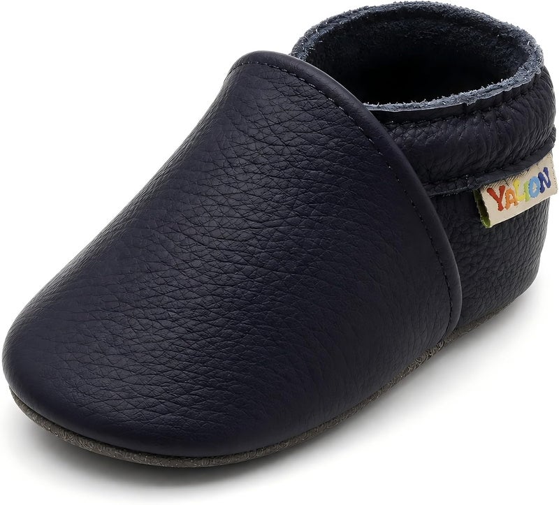 YALION Soft Leather Baby Moccasins Slip-on Slippers for Boys and Girls, Navy Blue, 12-18 Months - Image 1