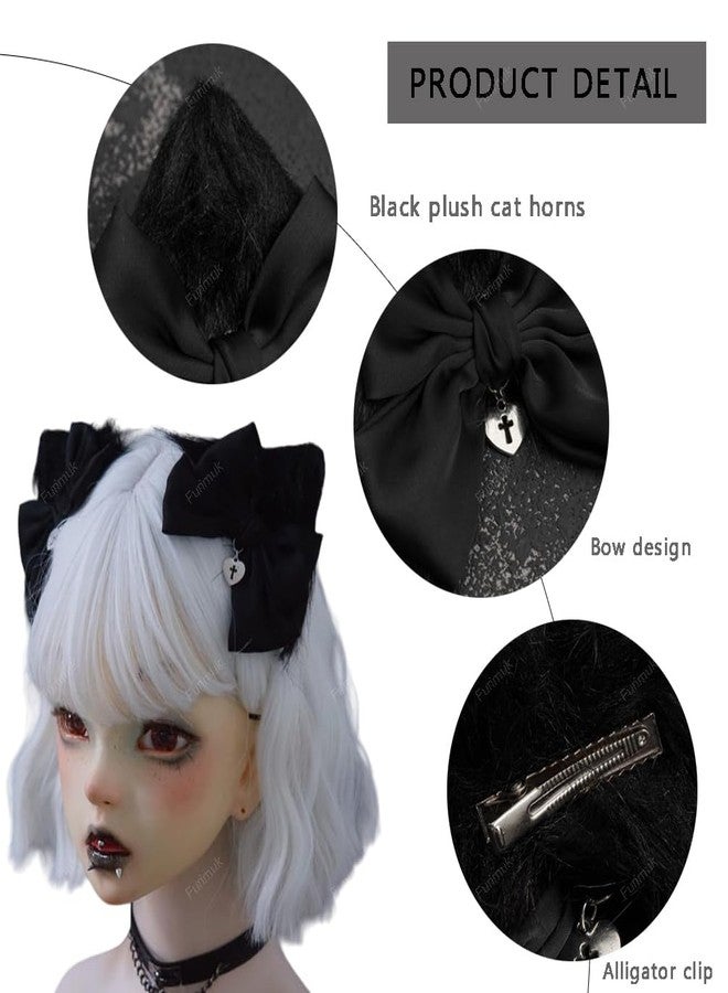 Furimuk 2 Pcs Halloween Gothic Hair Clips Black Lolita Bow Plush Cat Ear Hairpins Hair Barrettes for Women Girls Hair Accessories Cosplay Halloween Party Tea Party - Image 2