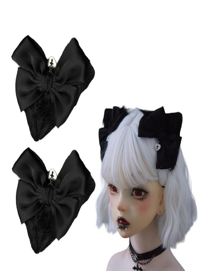 Furimuk 2 Pcs Halloween Gothic Hair Clips Black Lolita Bow Plush Cat Ear Hairpins Hair Barrettes for Women Girls Hair Accessories Cosplay Halloween Party Tea Party - Image 1