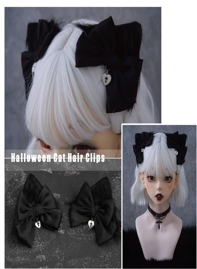 Furimuk 2 Pcs Halloween Gothic Hair Clips Black Lolita Bow Plush Cat Ear Hairpins Hair Barrettes for Women Girls Hair Accessories Cosplay Halloween Party Tea Party - Image 4