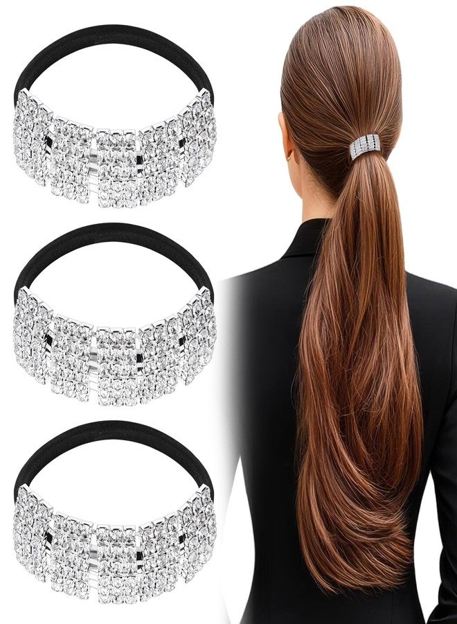Tucnoeu 3pcs Sparkly Rhinestone Pony Tails Hair Ties Crystal Ponytail Holders Hair Ties Elastic Scrunchies for Thin Thick Hair Rhinestone Hair Accessories for Women Girls Silver - Image 1