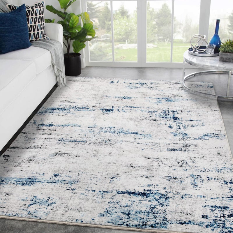 Gent drizz Area Rug Living Room Rugs: 9x12 Large Soft Indoor Carpet Modern Abstract Rug with Non Slip Rubber Backing for Under Dining Table Nursery Home Office Bedroom White Gray Blue - Image 5