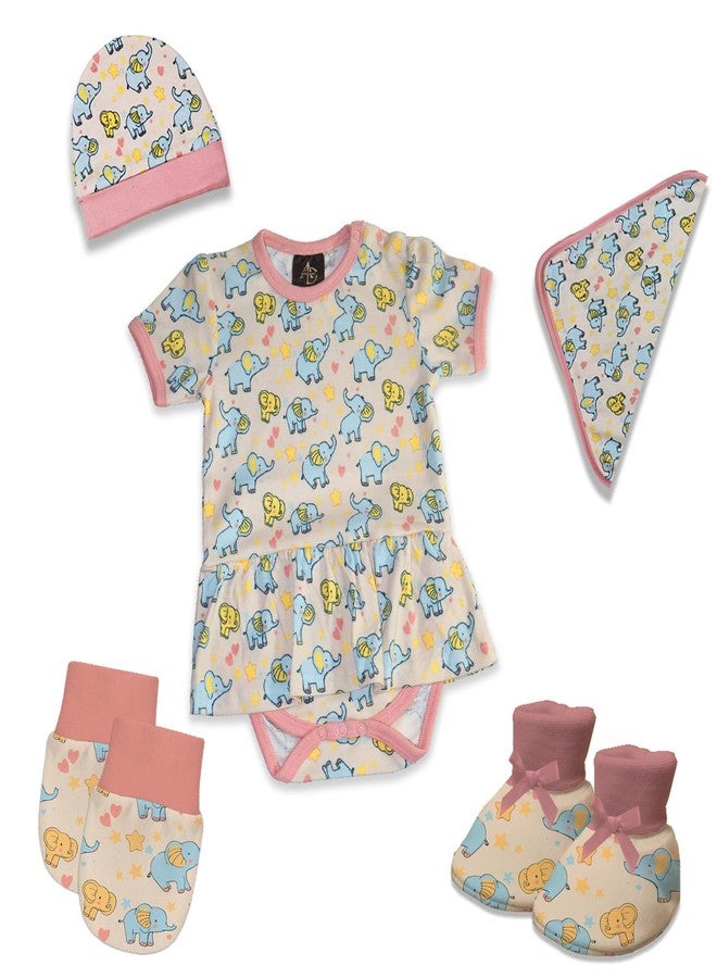 Adhigams New Born Baby Girl Caps/Rompers/Mittons/Booties/Napkins Clothing Gift Set -5 Pieces Baby Elephant (Beige) for 9-12 Months - Image 1