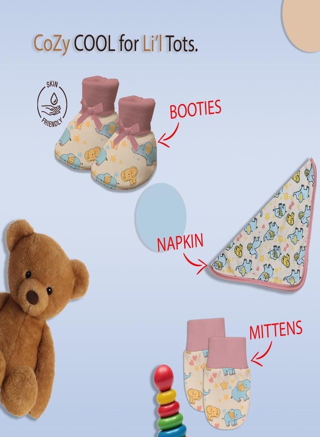 Adhigams New Born Baby Girl Caps/Rompers/Mittons/Booties/Napkins Clothing Gift Set -5 Pieces Baby Elephant (Beige) for 9-12 Months - Image 3