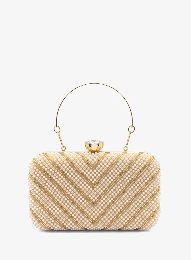 Viny Viny Women's Pearl & Crystal Clutch – Chevron Embellished with Diamond Clasp & Dual Detachable Handles – Weddings, Parties & Formal Occasions – Black, Gold, Champagne, Silver