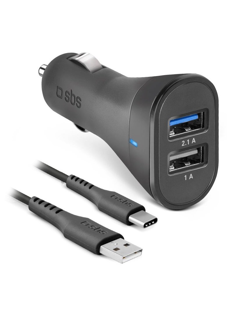 SBS SBS Car Charger Kit 10W with 2 USB Outputs 2.1A and 1A, Intelligent Charge, Cable for Charging and Data Transfer Type C  - Image 1
