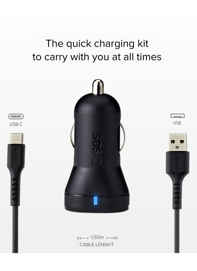 SBS SBS Car Charger Kit 10W with 2 USB Outputs 2.1A and 1A, Intelligent Charge, Cable for Charging and Data Transfer Type C  - Image 2