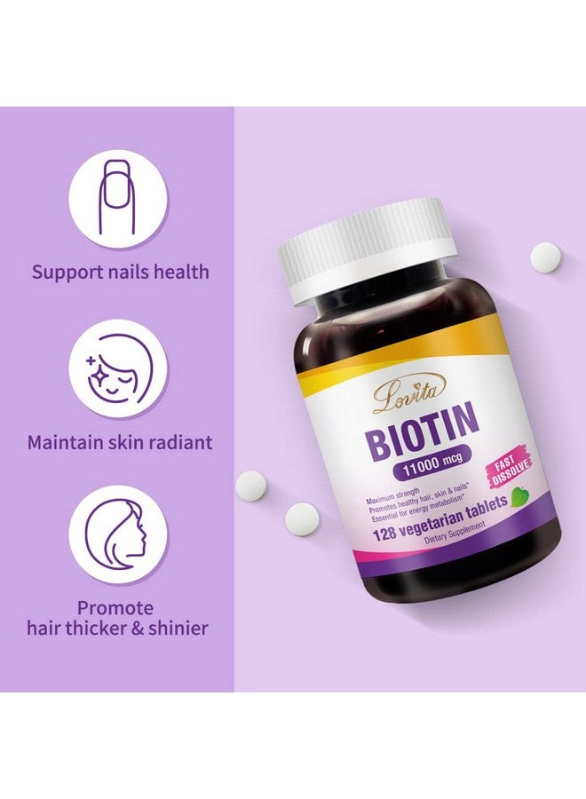Lovita بيوتين 11000 ميكروغرام أقوى من بيوتين 10000 ميكروغرام فيتامينات بيوتين سريعة الذوبان للشعر والبشرة والأظافر ونمو الشعر 128 قرص نباتي قابل للذوبان - Image 4