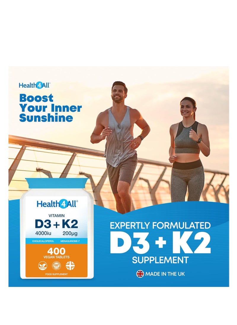 Health4All - Vitamin D3 4000iu & Vitamin K2 200ug (Natural MK7) 400 Tablets (1+ Year Supply) Vegan Vitamin D3 K2 Supplement, Vitamin D3 and K2 High Strength from Natto - Image 1