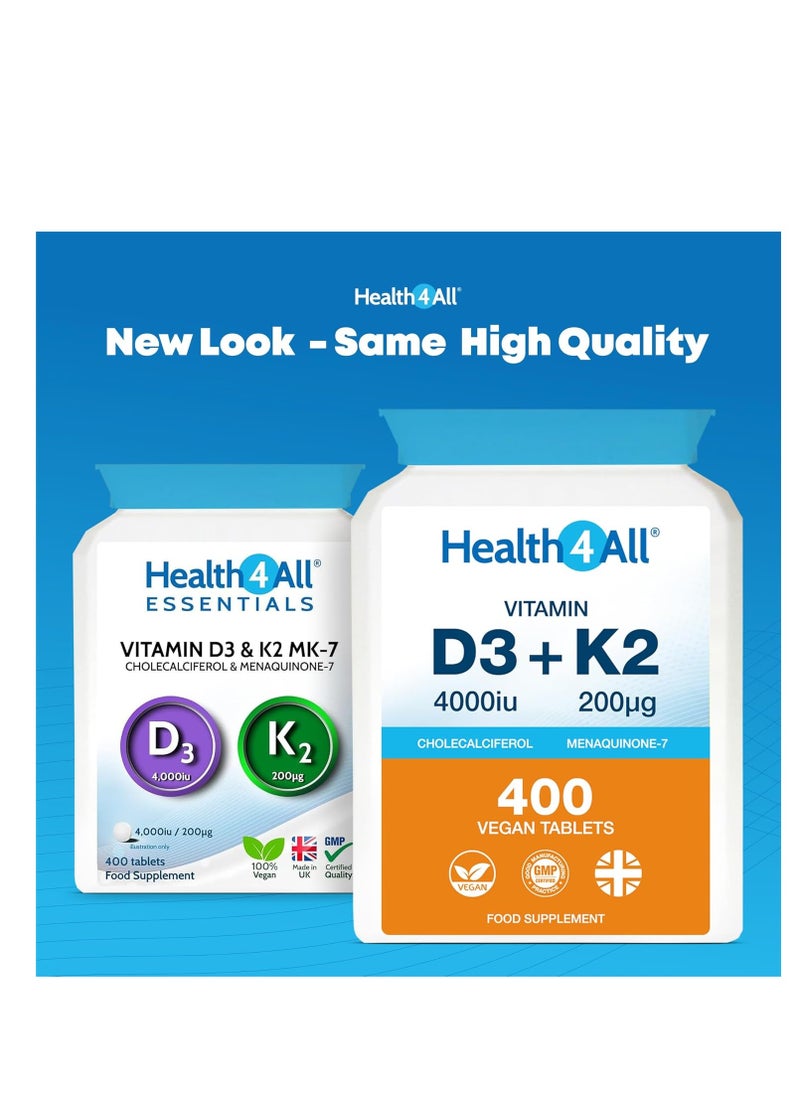 Health4All - Vitamin D3 4000iu & Vitamin K2 200ug (Natural MK7) 400 Tablets (1+ Year Supply) Vegan Vitamin D3 K2 Supplement, Vitamin D3 and K2 High Strength from Natto - Image 1