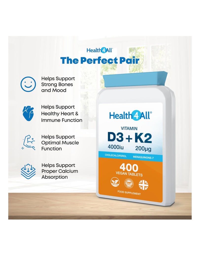 Health4All - Vitamin D3 4000iu & Vitamin K2 200ug (Natural MK7) 400 Tablets (1+ Year Supply) Vegan Vitamin D3 K2 Supplement, Vitamin D3 and K2 High Strength from Natto - Image 1