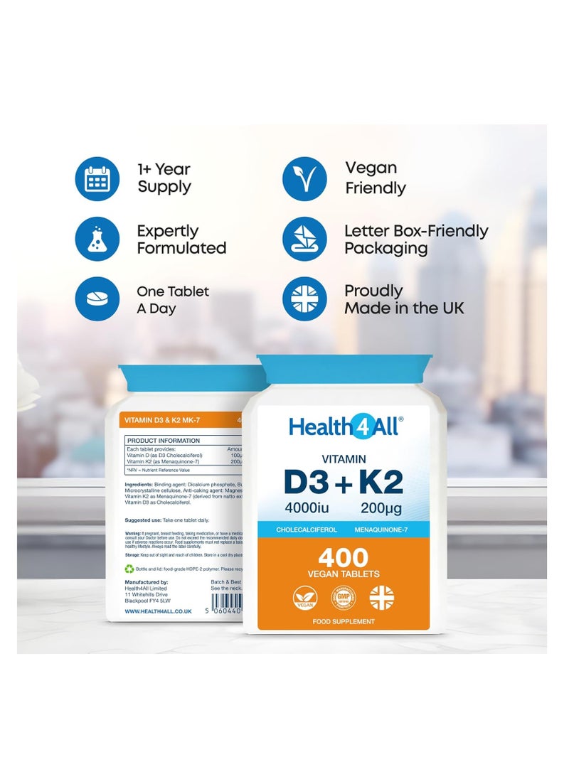 Health4All - Vitamin D3 4000iu & Vitamin K2 200ug (Natural MK7) 400 Tablets (1+ Year Supply) Vegan Vitamin D3 K2 Supplement, Vitamin D3 and K2 High Strength from Natto - Image 1