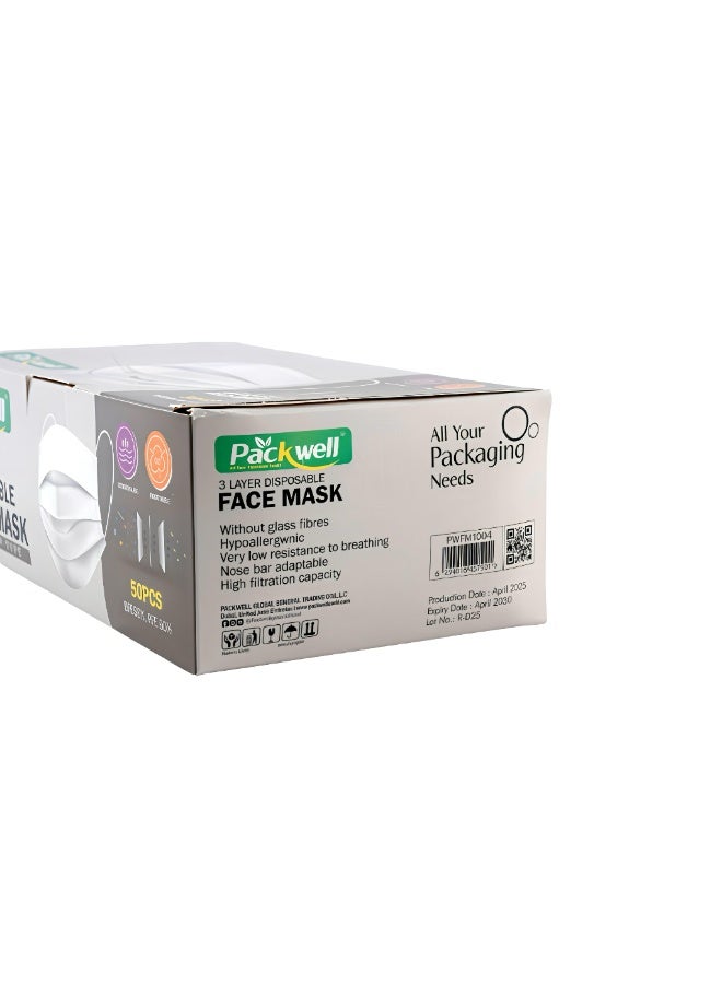 Packwell Non Woven Face Mask White | 3 Ply Disposable Protective Mask | Soft & Breathable | Ear Loop Design | Pack of 50 - Image 2