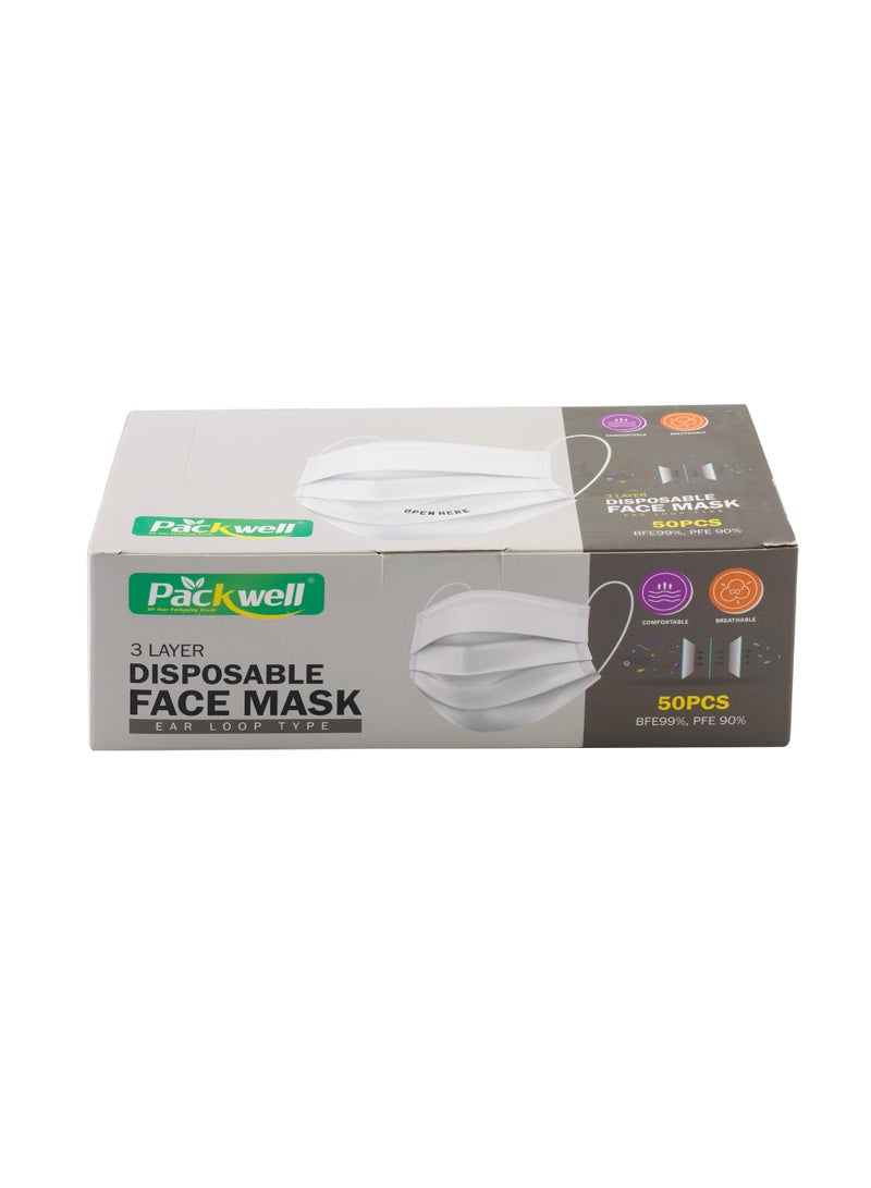 Packwell Non Woven Face Mask White | 3 Ply Disposable Protective Mask | Soft & Breathable | Ear Loop Design | Pack of 50 - Image 1