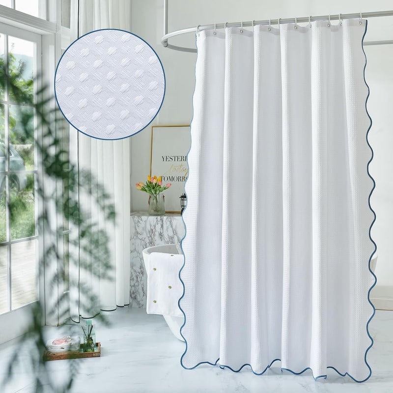 Youngseahome Waffle Weave 230GSM نسيج ثقيل مع الماء الأزرق الأسقلوب الحدودي الستار بوب باو أنيقة الستار دش للاستحمام الحمام 72 × 84 بوصة - Image 1