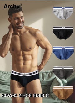 Archy 5 Pack Mens Cotton Solid Underwear Fashion Boxers Set for Men Youth Man Simple Style Briefs High Quality Breathable Striped Print U Pouch Male Underpants  - Image 1