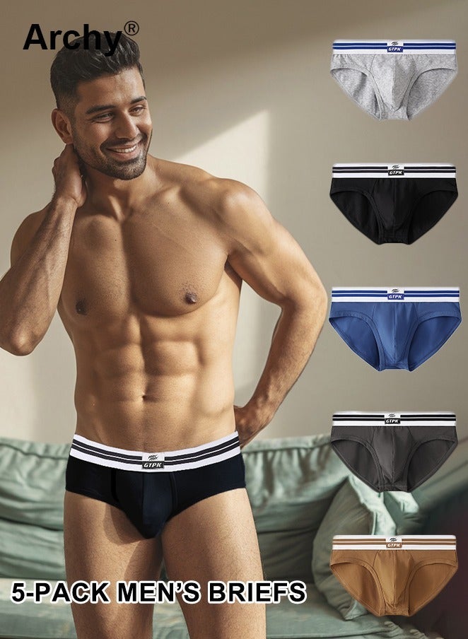 Archy 5 Pcs Men Briefs Mid-rise Elastic Waistband Breathable Color Matching Slim Fit Underwear with 3D Pouch Design Daily Wear Mid Waist Briefs Underwear Modal Cotton Boxer Briefs - Image 2