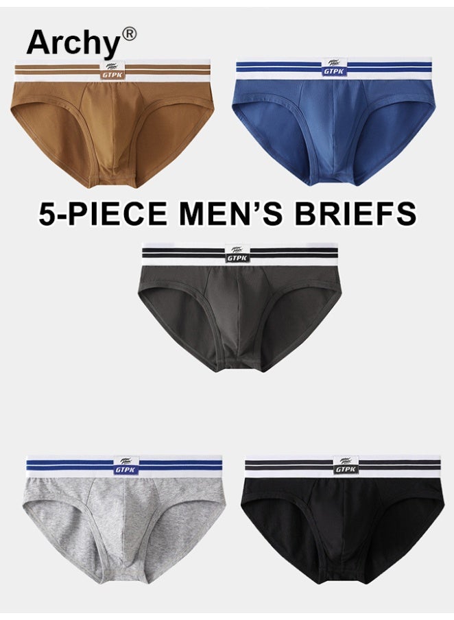 Archy 5 Pcs Men Briefs Mid-rise Elastic Waistband Breathable Color Matching Slim Fit Underwear with 3D Pouch Design Daily Wear Mid Waist Briefs Underwear Modal Cotton Boxer Briefs - Image 1