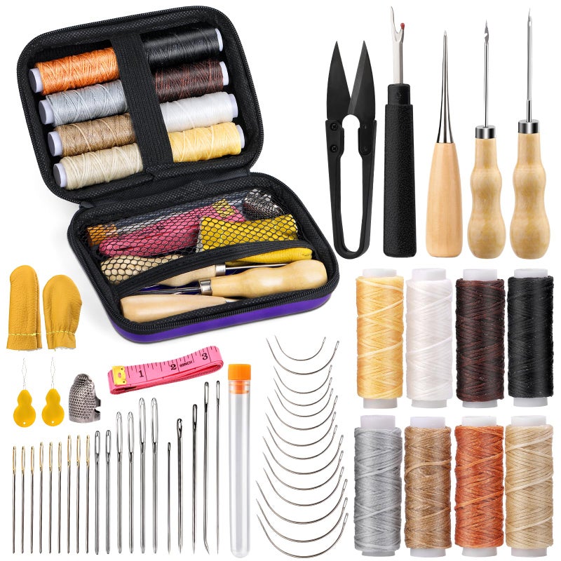 Tikjiua 54Pcs Upholstery Repair Sewing Kit, 8Pcs Waxed Thread, Leather Sewing Needles, Stitching Awl, Thimble, Heavy Duty Upholstery Repair Kit for Carseat Backpack Carpet Boots Shoes Canvas Sofa - Image 1