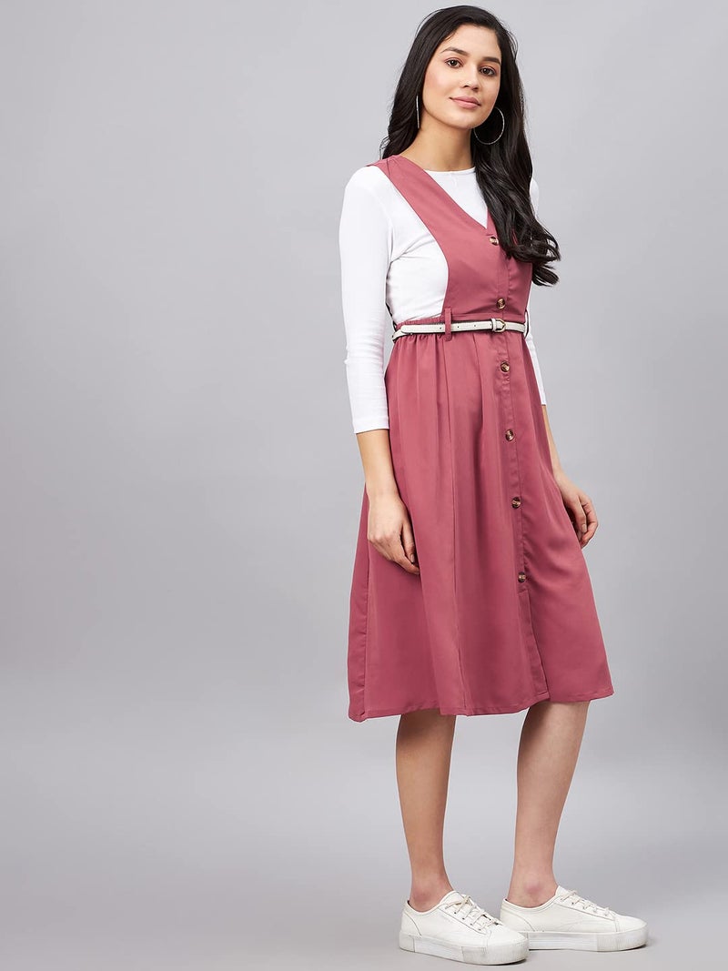 WineRed Women Pink Solid Pinafore Dress with Button - Image 4