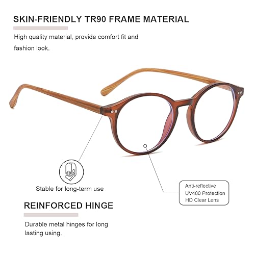 Gleyemor Blue Light Glasses for Men Women, Vintage Round Bluelight Blocking Computer Screen Protection Glasses (Brown Frame & Wood-grain Leg) - Image 3