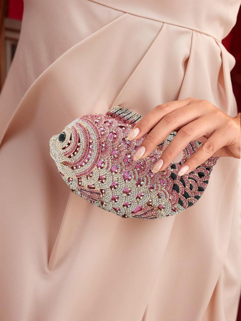 Tngan Women Mini Fish Clutch Luxury Rhinestones Purse Sparkling Banquet Handbag Wedding Party Clutch Bag, Pink - Image 3