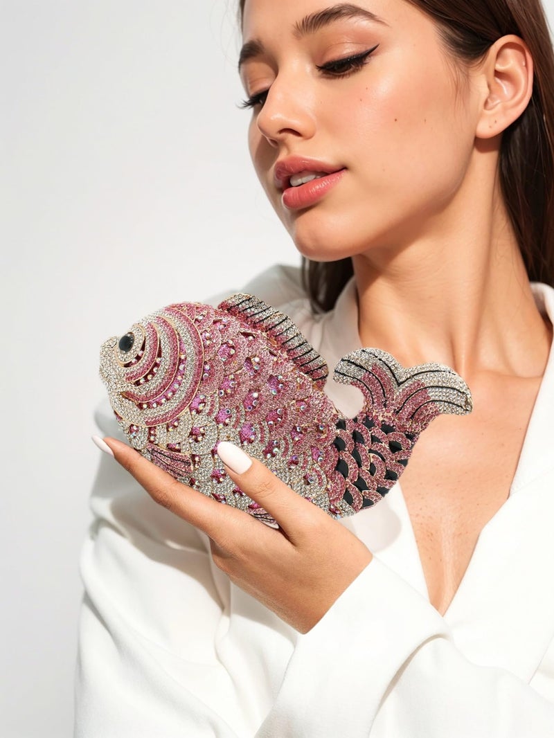 Tngan Women Mini Fish Clutch Luxury Rhinestones Purse Sparkling Banquet Handbag Wedding Party Clutch Bag, Pink - Image 2